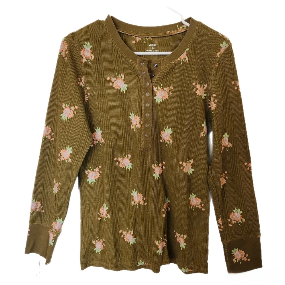 Olive Floral Thermal Henley Top - Women